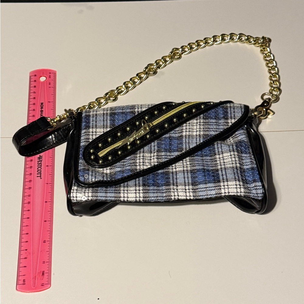 Betsey Johnson Mini Plaid Chain-Handle Shoulder Bag in Blue and Black